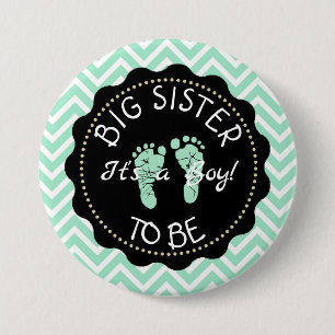 Big Sister som ska vara Grönt Chevron Baby Shower- Knapp