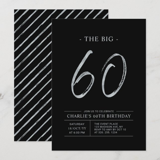 Big Sixty | Silver & Black 60-årsfest Inbjudningar (Fram/baksida)