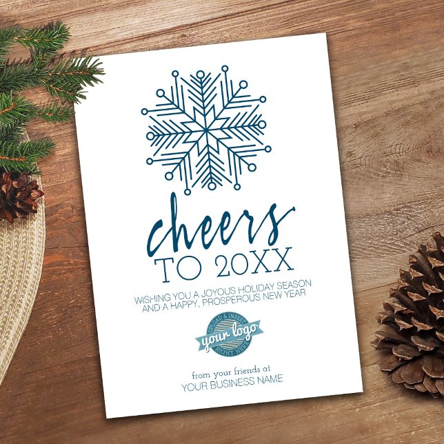 Big Snowflake Gott nytt år - Blue Business Julkort (Modern Holiday Card for a Small Business - add your logo)