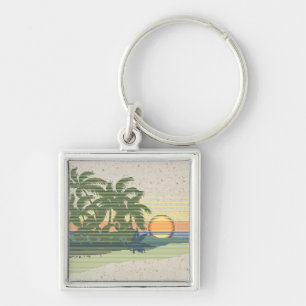 Big Sunset Vintage Hawaiian Nyckelrings Fyrkantig Silverfärgad Nyckelring