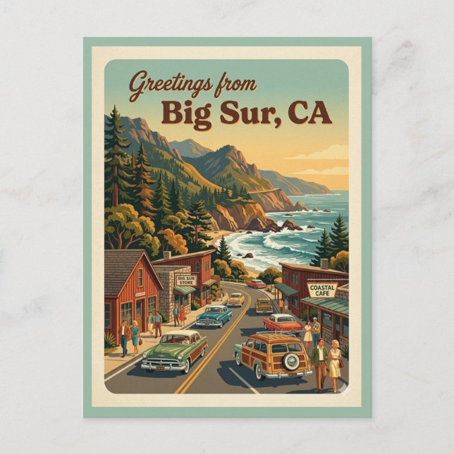Big Sur CA Hälsningar Retro kustnära motorväg Vykort (Framsida)