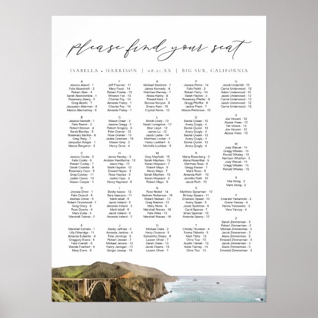 BIG SUR CALIFORNIA Skyline Wedding Seating Chart Poster (Framsidan)