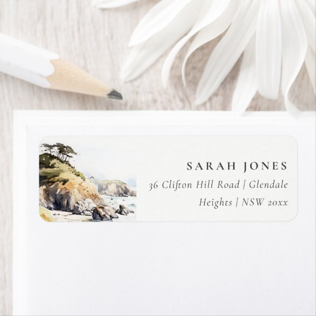 Big Sur, California Watercolor Landscape Address Returadress Etikett (Insitu)