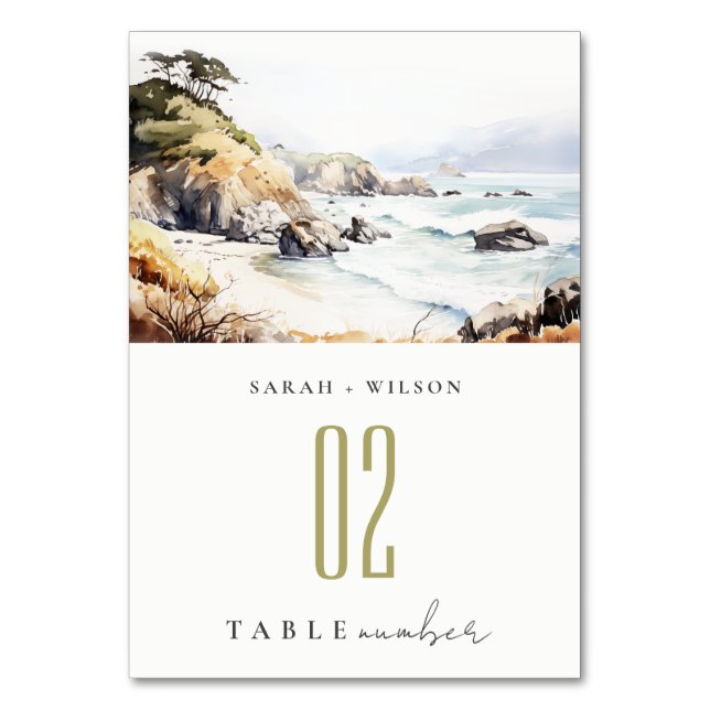 Big Sur, California Watercolor Landscape Wedding Bordsnummer (Framsidan)
