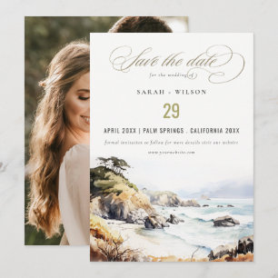 Big Sur, Kalifornien Akvarell Landskaps Bröllop Spara Datumet