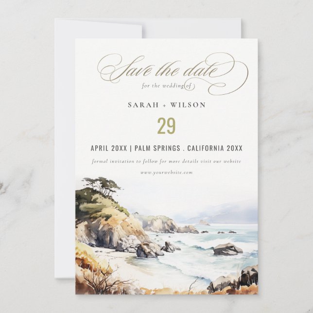 Big Sur, Kalifornien Akvarell Landskaps Bröllop Spara Datumet (Framsida)