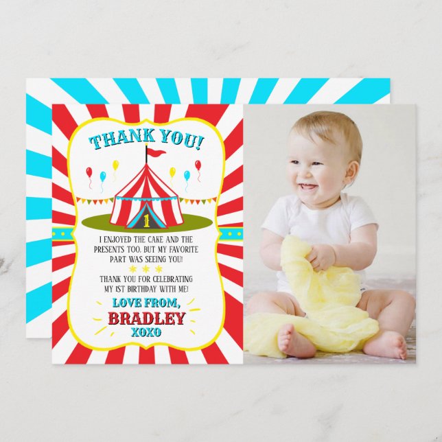 Big Top Circus Carnival 1:a födelsedagsfoto Tack Kort (Fram/baksida)