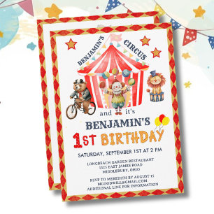 Big Top Cirkus Karneval Pojke 1-årsdag Inbjudningar
