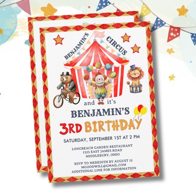 Big Top Cirkus Karneval Pojke 3-årsdag  Inbjudningar (Skapare uppladdad)