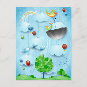 Big träd och flygfåglar vykort