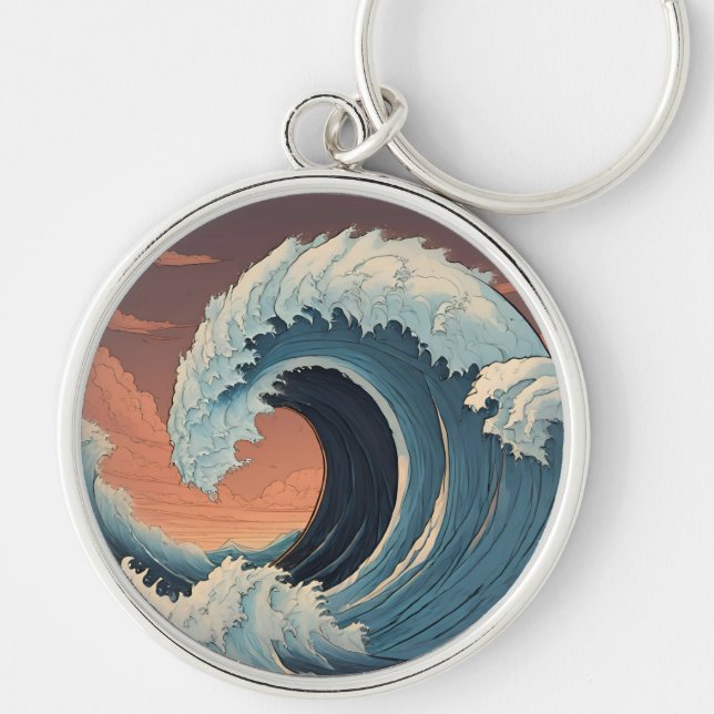 Big Tsunami Wave Rund Silverfärgad Nyckelring (Framsidan)