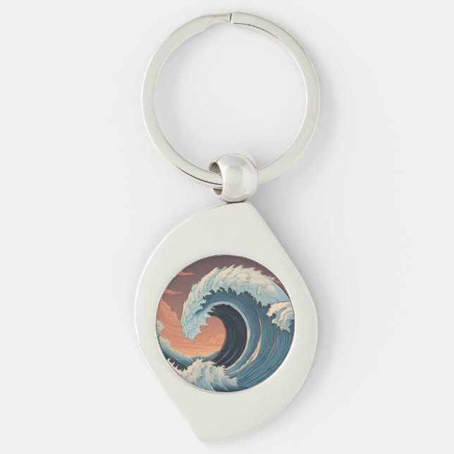 Big Tsunami Wave Swirl Silverfärgad Nyckelring (Framsidan)