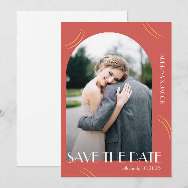 Big Typography Vibrant Red Photo Bröllop Spara Datumet (Fram/baksida)
