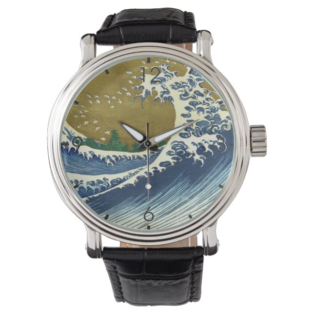 Big Wave (Blue and Guld Japansk Art, Hokusai) Armbandsur (Framsida)