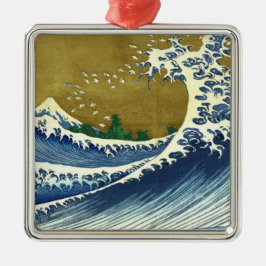Big Wave (Blue and Guld Japansk Art, Hokusai) Julgransprydnad Metall