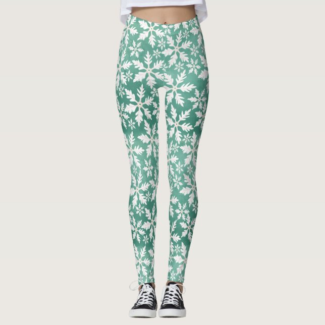 Big White Snöflingor Falling Grönt Background Leggings (Framsida)