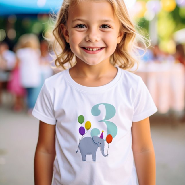 Big Year Födelsedagsfest Elephant T Shirt (Party Animals 3rd Birthday t-shirt with elephant wearing a party hat and holding colorful balloons)