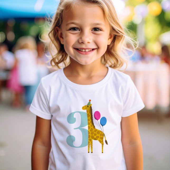 Big Year Födelsedagsfest Giraffe T Shirt (Party Animals 3rd Birthday t-shirt with elephant wearing a party hat and holding colorful balloons)