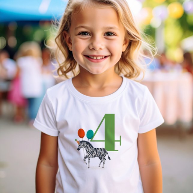 Big Year Födelsedagsfest Zebra T Shirt (Party Animals 4th Birthday t-shirt with zebra wearing a party hat and holding colorful balloons)