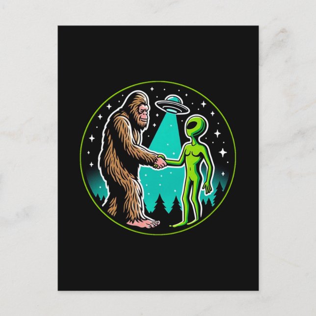 Bigfoot Alien Allians - Rolig Sci-Fi Kryptid Vykort (Framsida)