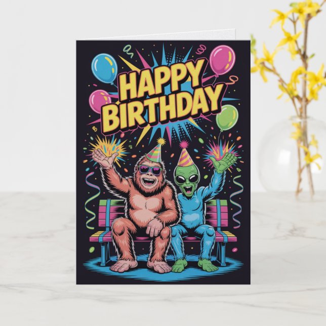Bigfoot Alien Birthday Card Funny Cryptid UFO  Kort (Gul blomma)