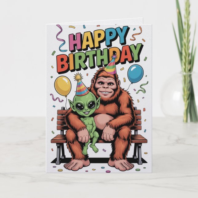 Bigfoot Alien Birthday Card Funny Cryptid UFO  Kort (Framsida)