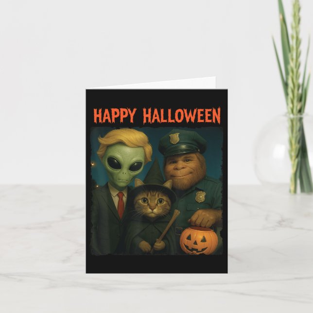 Bigfoot Alien Cat Funny Halloween Trick Treat Door Kort (Framsida)