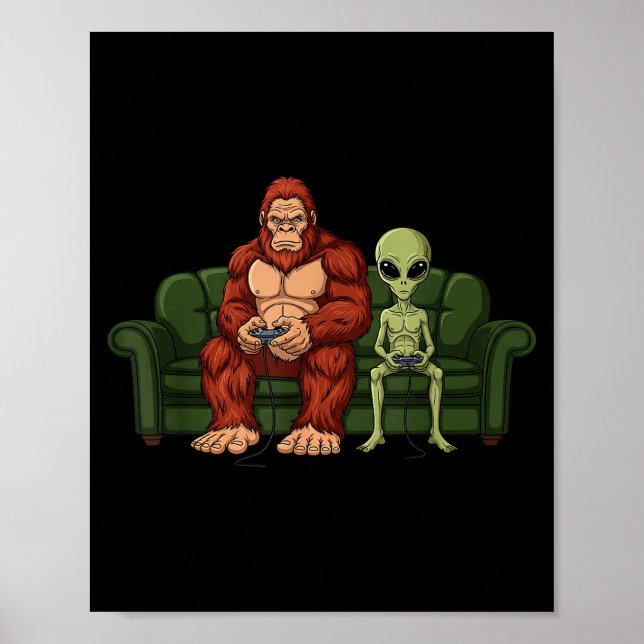 Bigfoot Alien Dataspel Gaming Sasquatch Ufo Män Poster (Framsidan)