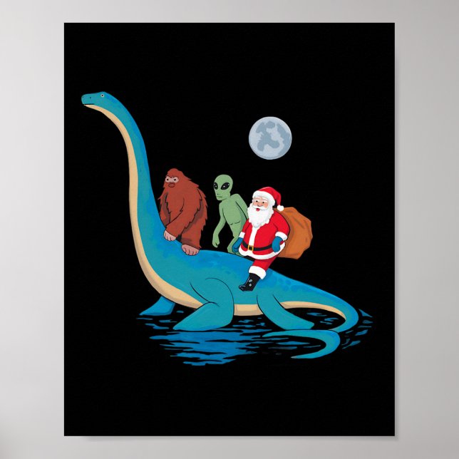 Bigfoot Alien Jultomten Riding Dinosaur Christma Poster (Framsidan)