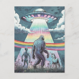 Bigfoot, Alien och Unicorn med UFO Vykort