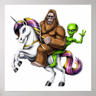 Bigfoot Alien Riding Unicorn Poster