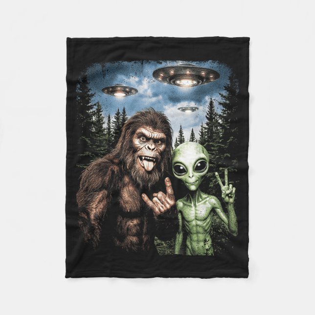 Bigfoot Alien Selfie Rock On Fredstecken Rolig UFO Fleecefilt (Framsidan)