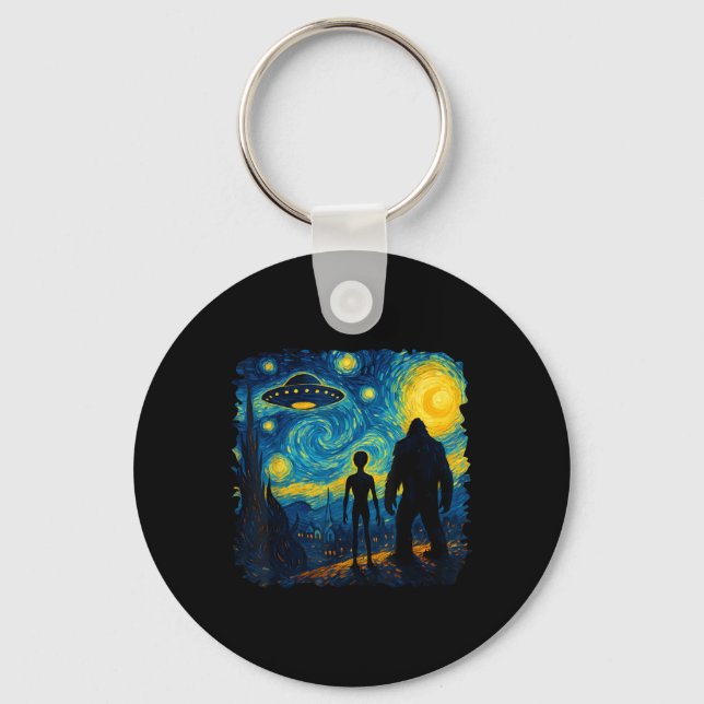 Bigfoot Alien Ufo Van Gogh Stjärnkväll Sasquatch  Nyckelring (Framsida)