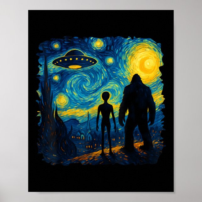 Bigfoot Alien Ufo Van Gogh Stjärnkväll Sasquatch  Poster (Framsidan)