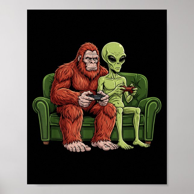 Bigfoot Alien Videospel Spelande Sasquatch Ufo Män Poster (Framsidan)