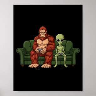 Bigfoot Alien Videospel Spelande Sasquatch Ufo Män Poster