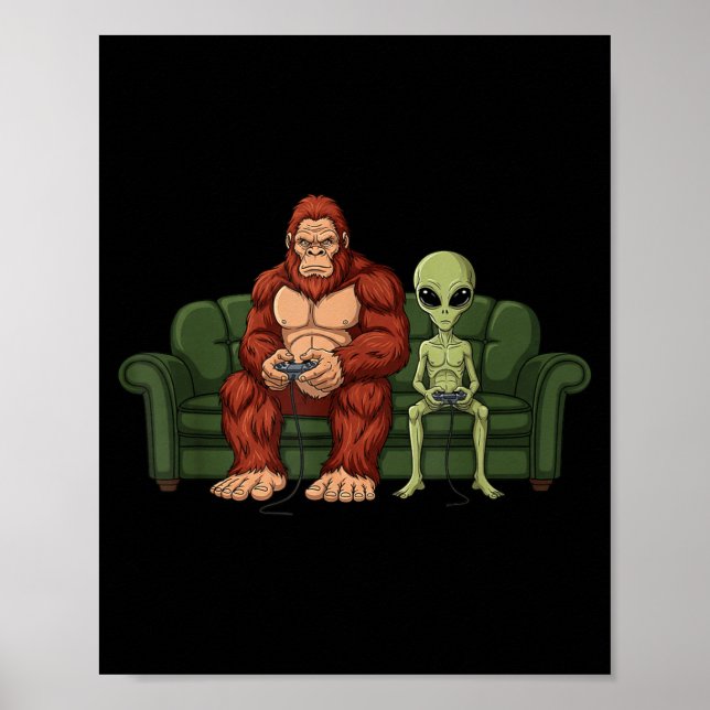 Bigfoot Alien Videospel Spelande Sasquatch Ufo Män Poster (Framsidan)