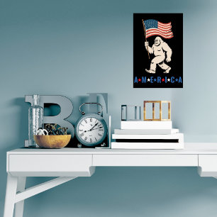 Bigfoot Amerika Patriotisk Rolig Sasquatch USA Väg Poster