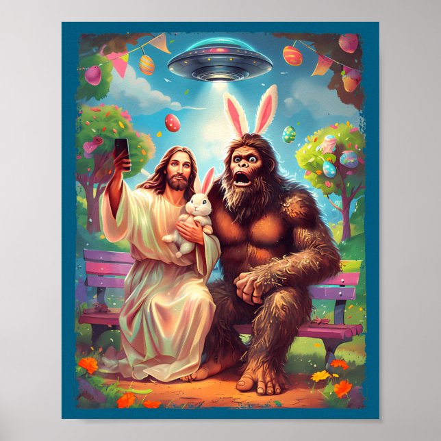 Bigfoot bunny funny easter jesus sasquatch selfie  poster (Framsidan)