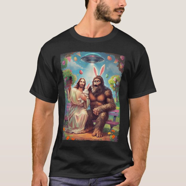 Bigfoot Bunny Funny Påsk Jesus Sasquatch Selfie T Shirt (Framsida)