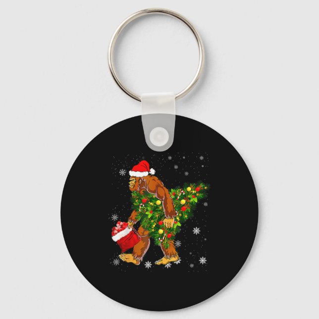 Bigfoot Carrying Christmas Tree Sasquatch Believer Nyckelring (Framsida)