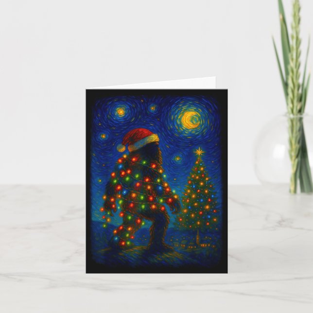 Bigfoot Christmas Sasquatch Santa Hat Starry Night Kort (Framsida)