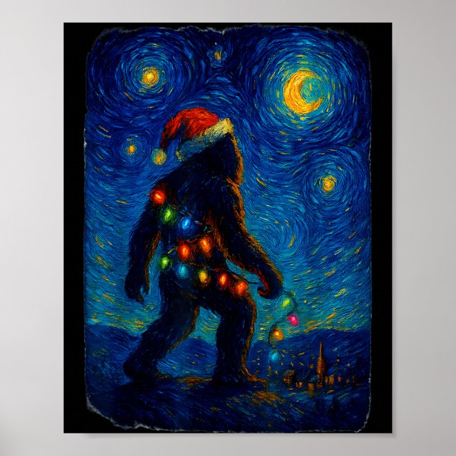 Bigfoot Christmas Sasquatch Santa Hat Starry Night Poster (Framsidan)