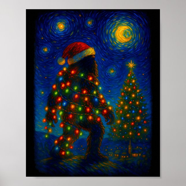 Bigfoot Christmas Sasquatch Santa Hat Starry Night Poster (Framsidan)