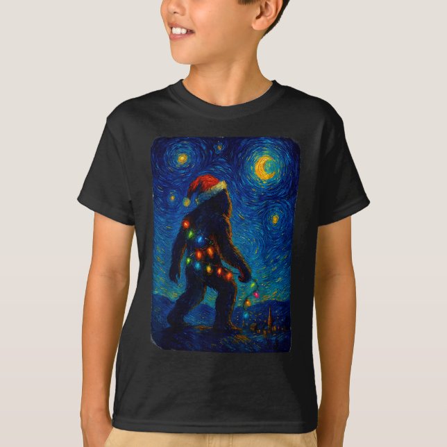 Bigfoot Christmas Sasquatch Santa Hat Starry Night T Shirt (Framsida)