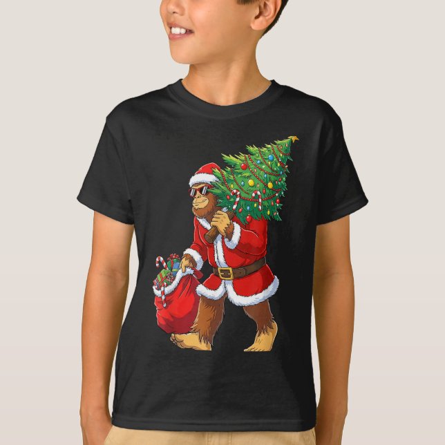Bigfoot Christmas Tree Lights Boys Men Sasquatch L T Shirt (Framsida)