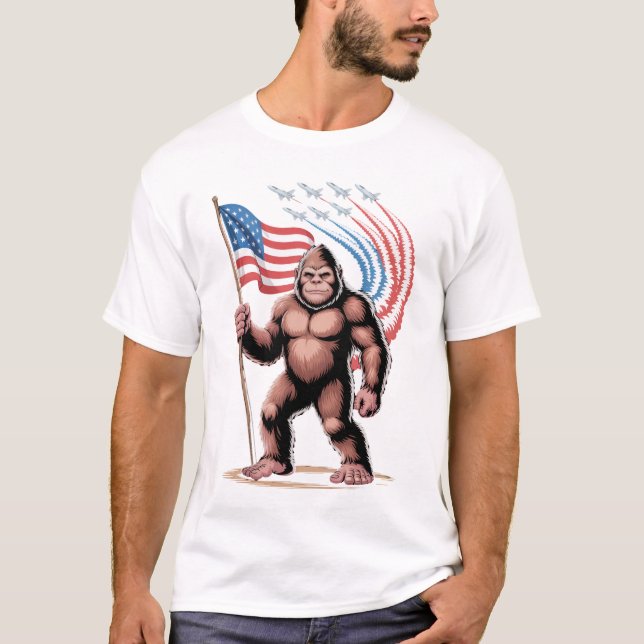Bigfoot Fighter Jet 4:e juli Sasquatch America T Shirt (Framsida)