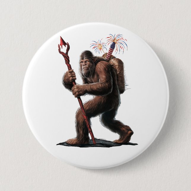 Bigfoot Fireworks 4 juli Usa Flagga Sasquatch  Knapp (Framsida)