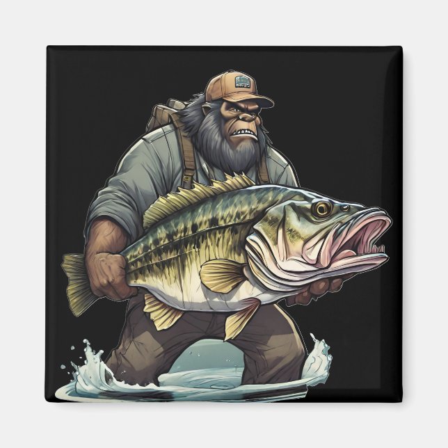Bigfoot Fishing Bass Fish Sasquatch Yeti i Sjö Magnet (Framsidan)