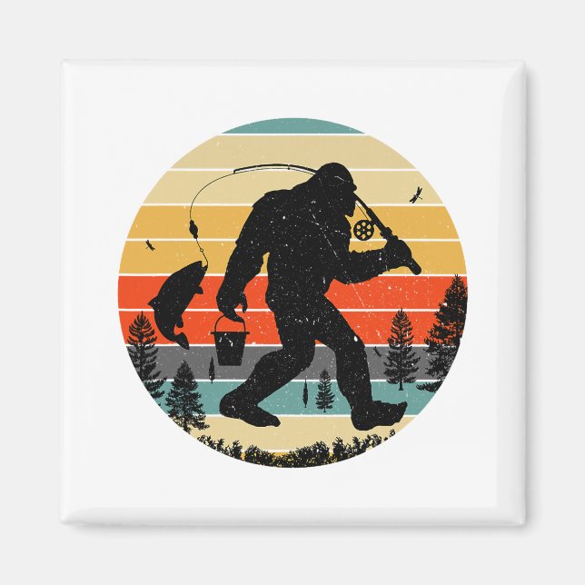 Bigfoot Fishing Yeti Sasquatch Fishermen Retro Magnet (Framsidan)